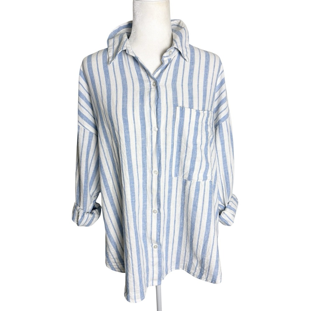 Vintage Abercrombie &‎ Fitch Top  Womens  Size L Blue Striped Linen  Oversized - Picture 5 of 10